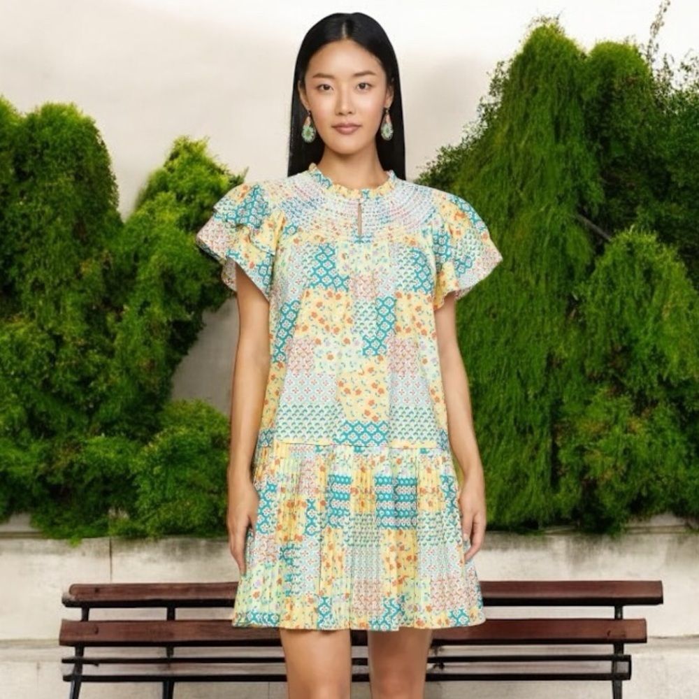 Anthropologie Current Air Patchwork Flutter Sleeve Cottage Pleated Mini Dress
